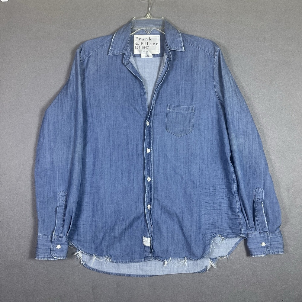 Frank & Eileen Eileen Shirt Women S Blue Chambray Denim Raw Hem Italian Cotton